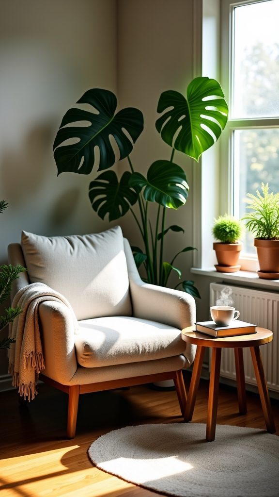 cozy plant filled reading nook