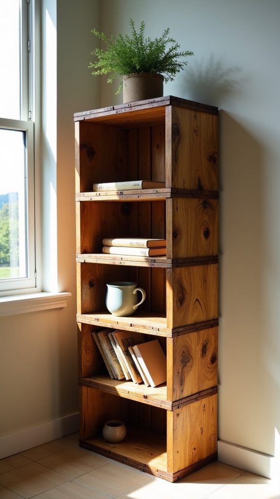 upcycled wooden crate shelves