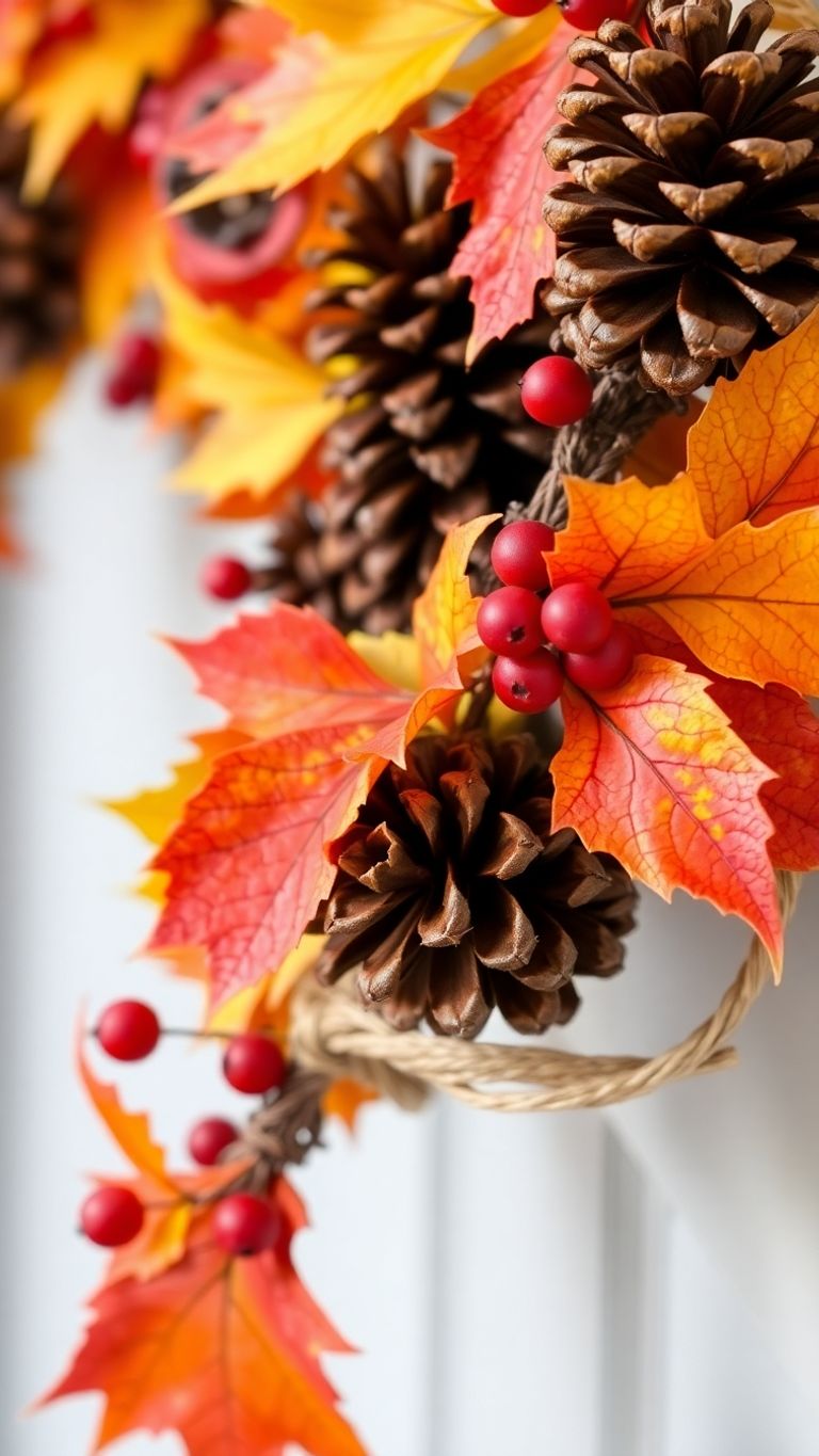 Cozy fall garland with pinecones, leaves, and berries.