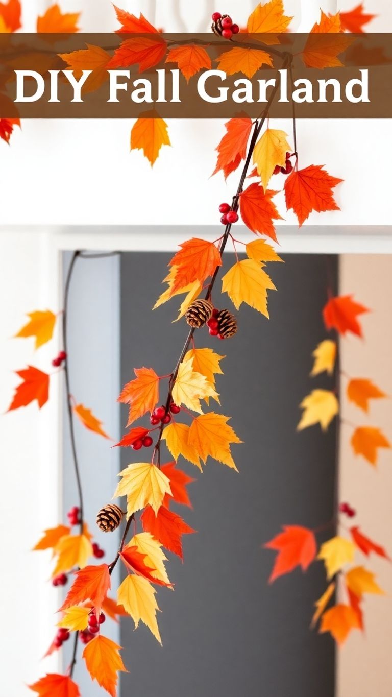 Cozy autumn garland with leaves and pinecones.