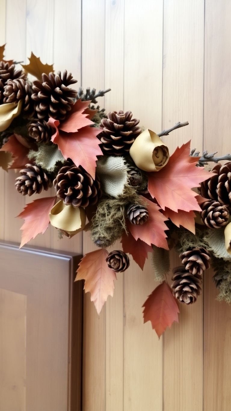 Cozy fall garland with rustic elements hanging.