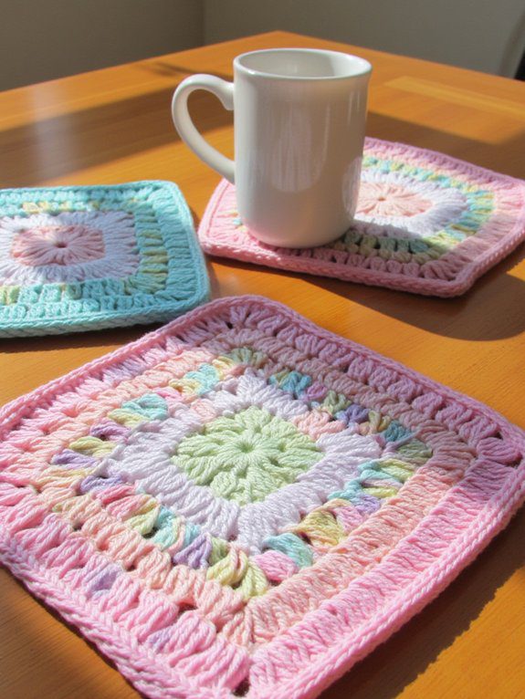 19 Crochet Mug Rug Patterns You’ll Love Making 3 colorful square granny coasters