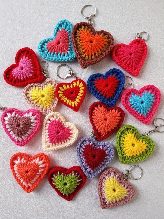 multicolor crochet heart keychains