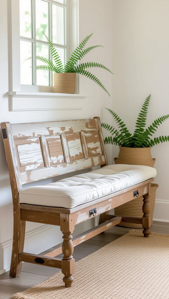 rustic bench with cushions