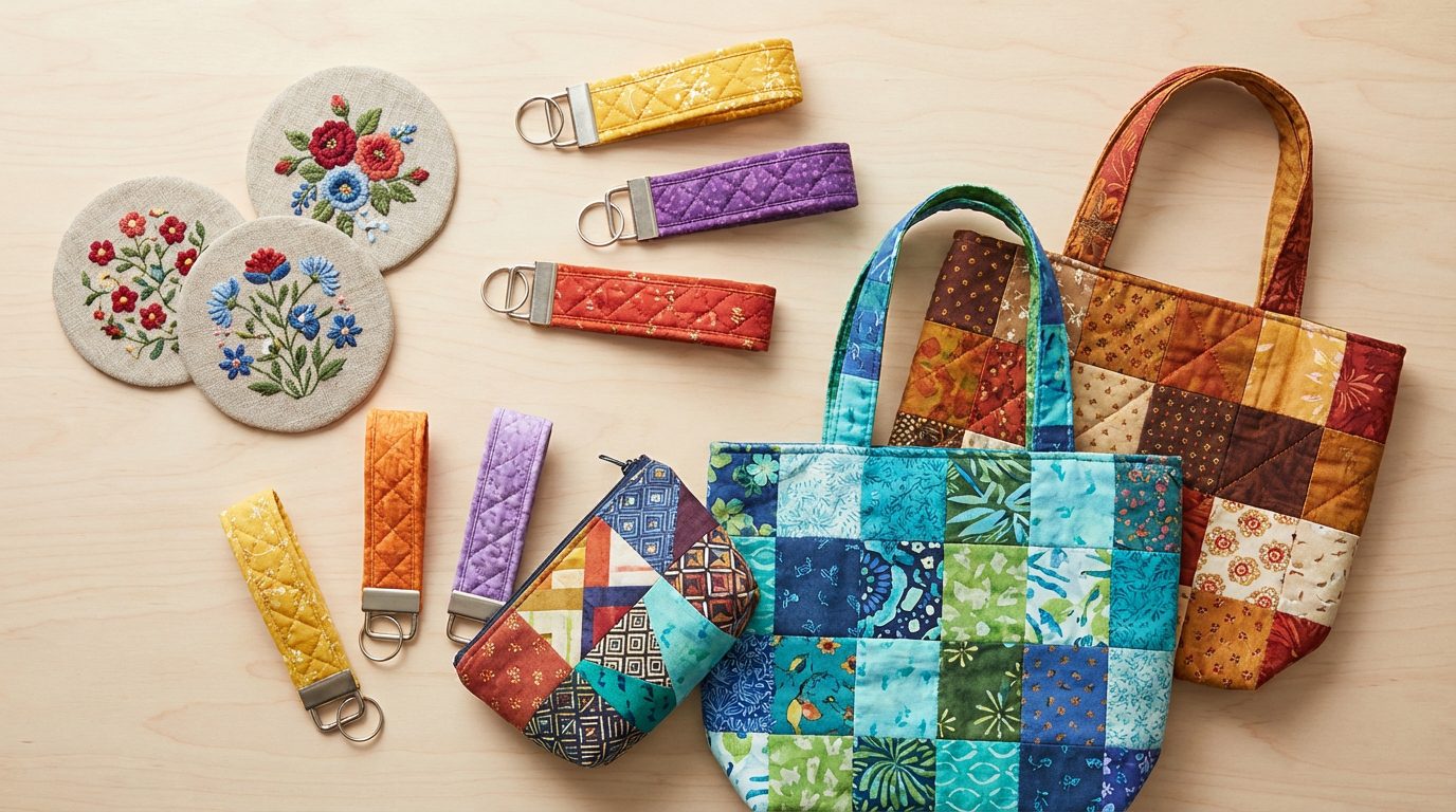 Handmade home decor items created from upcycled fabric scraps