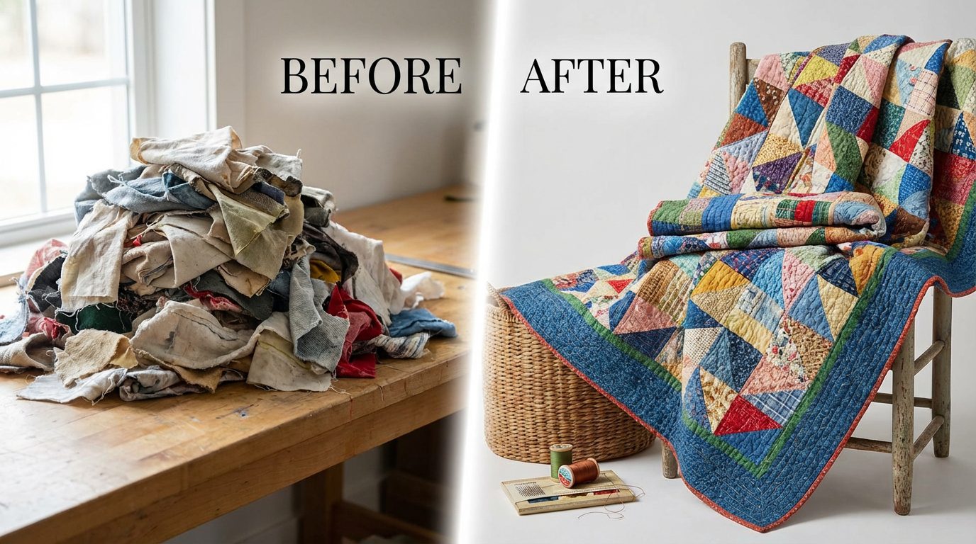 A beautiful hand-woven rag rug made from scrap fabric