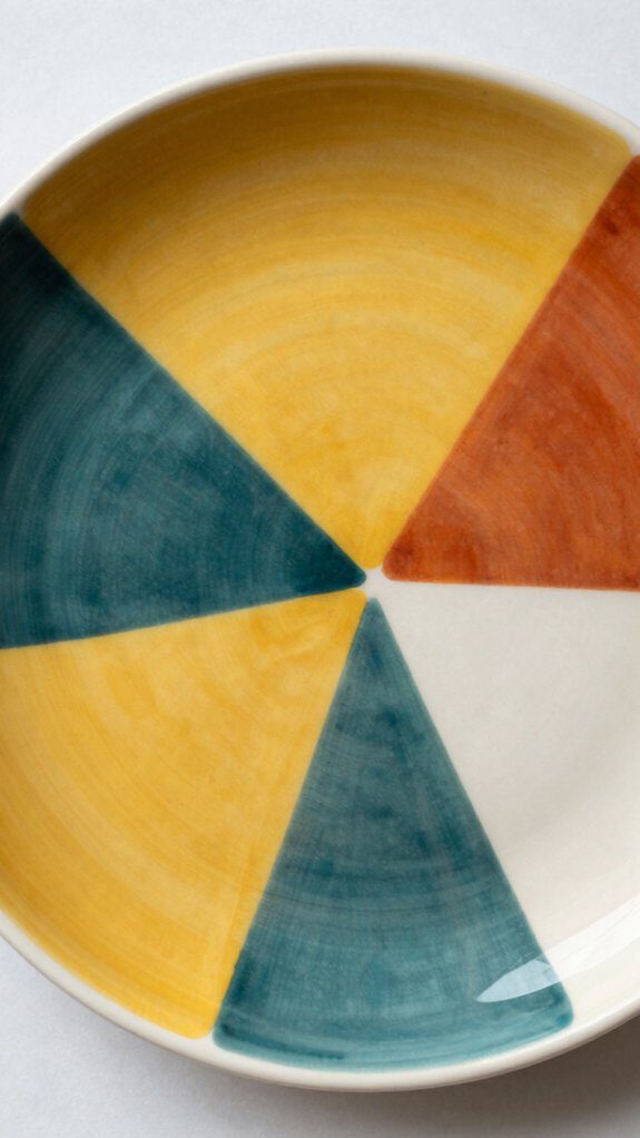 15 Ceramic Plate Painting Ideas for Creative Home Decor 7 geometric color blocking technique