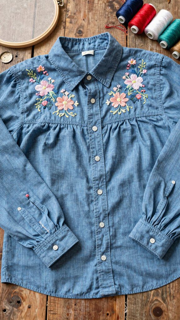 17 Upcycle Button Down Shirt Ideas for Easy Refashioning 16 handmade embroidered shirt accents
