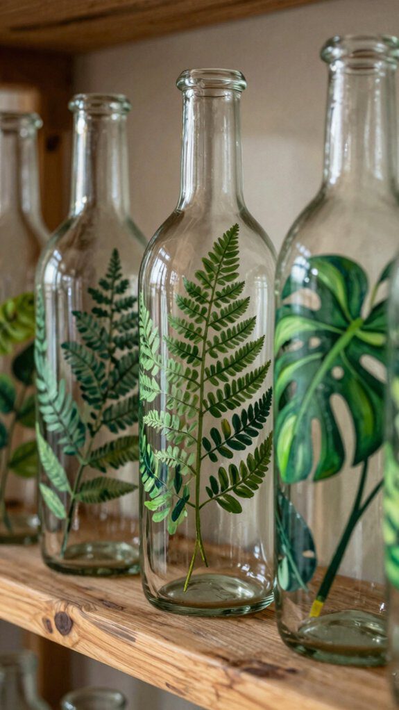 botanical leaf stenciled bottles