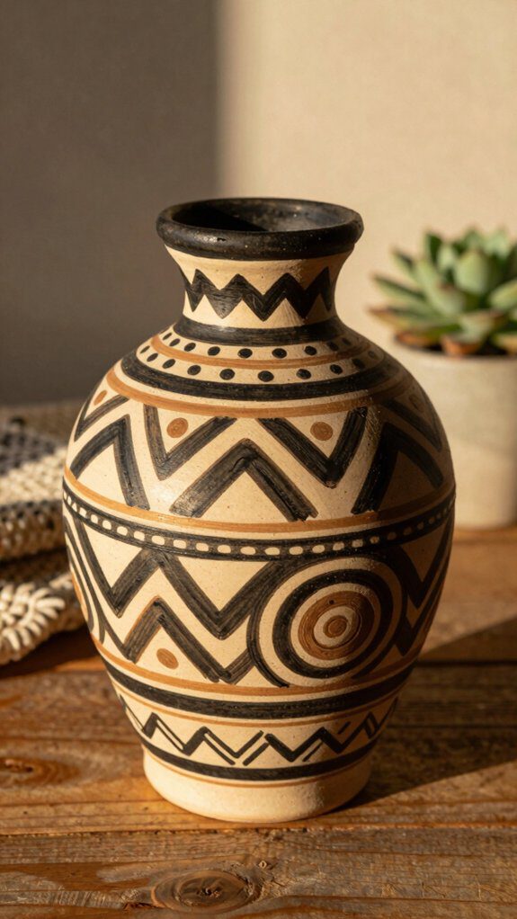 21 Pottery Vase Painting Ideas for Creative Home Decor 15 earth toned tribal banded motifs
