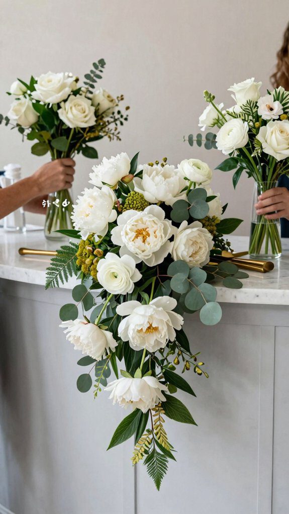 ivory roses with eucalyptus