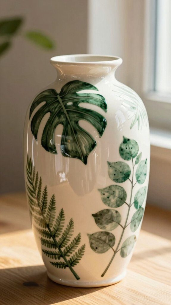 21 Pottery Vase Painting Ideas for Creative Home Decor 8 stenciled botanical leaf silhouettes