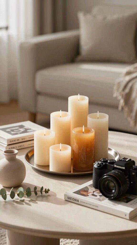 14 Coffee Table Decor Ideas for a Stylish Living Room Setup 13 clustered layered cozy candle arrangement