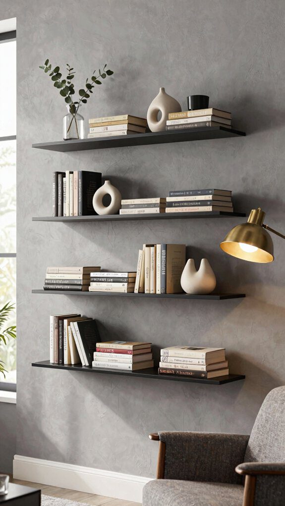 concealed walnut floating bookshelves