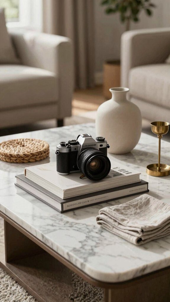 14 Coffee Table Decor Ideas for a Stylish Living Room Setup 8 layered wood glass ceramics