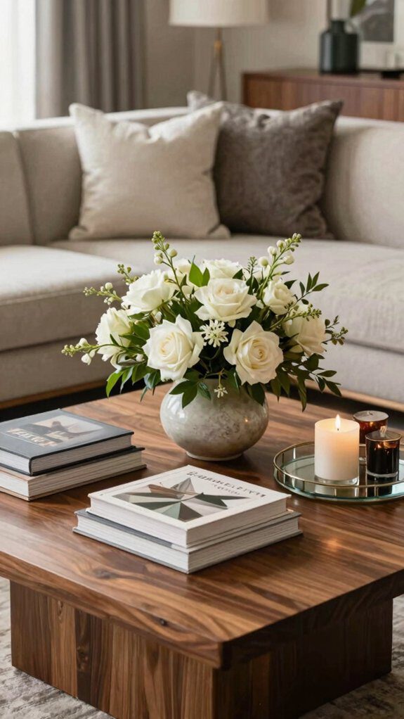 14 Coffee Table Decor Ideas for a Stylish Living Room Setup 5 low vase trimmed seasonal stems