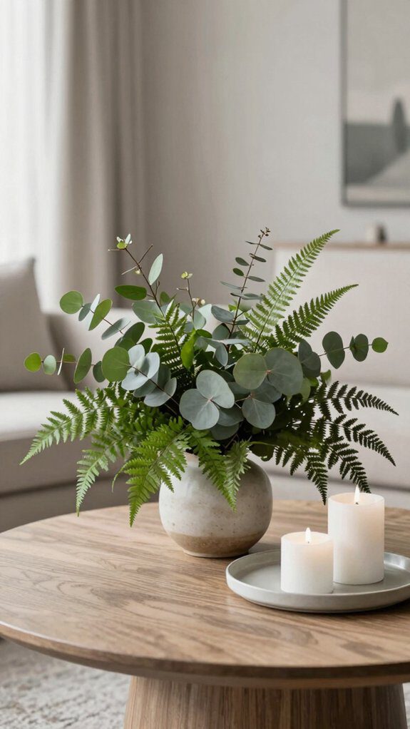low wide vase greenery arrangement