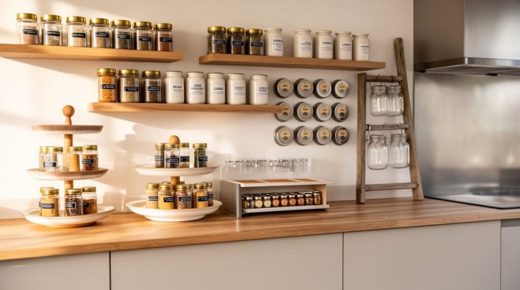 stylish organized kitchen spicerack