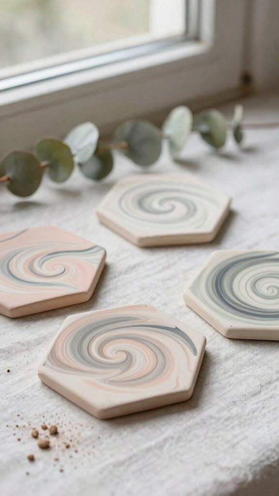 swirled marbled hexagon coasters