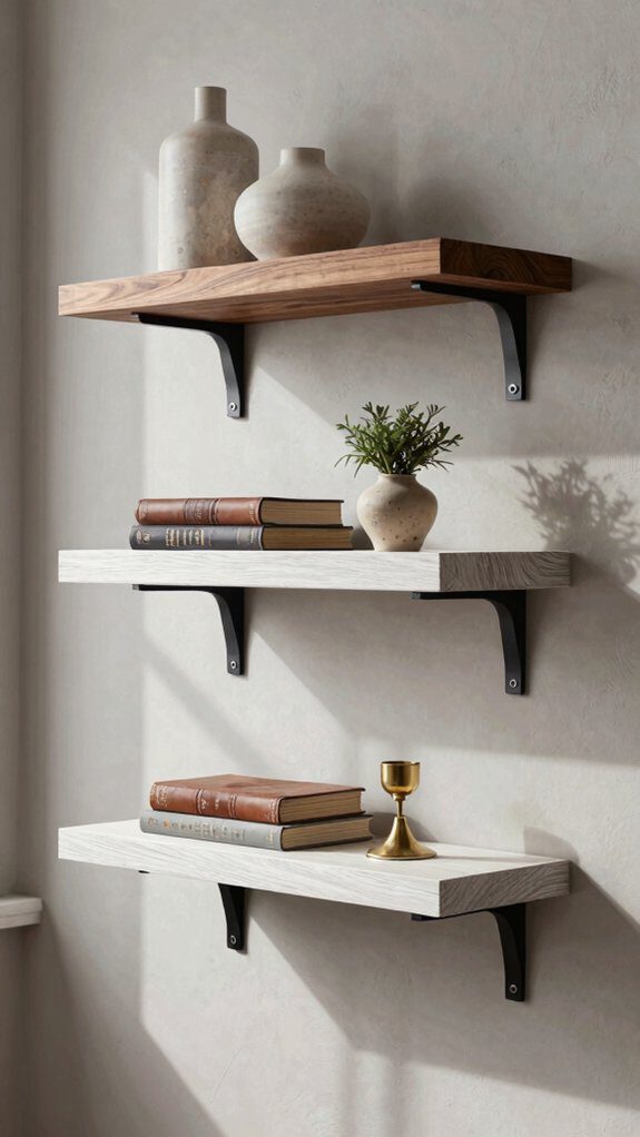 walnut shelves with matte black brackets