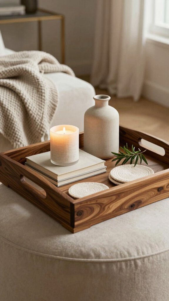 warm textured wooden tray arrangement