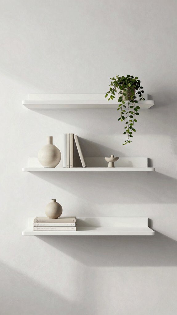 white satin floating shelves