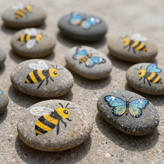 cheerful bee and butterfly rocks
