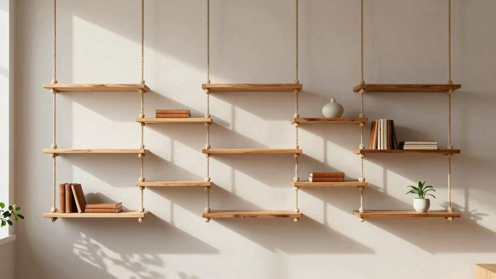 minimal aesthetic rope hanging shelves