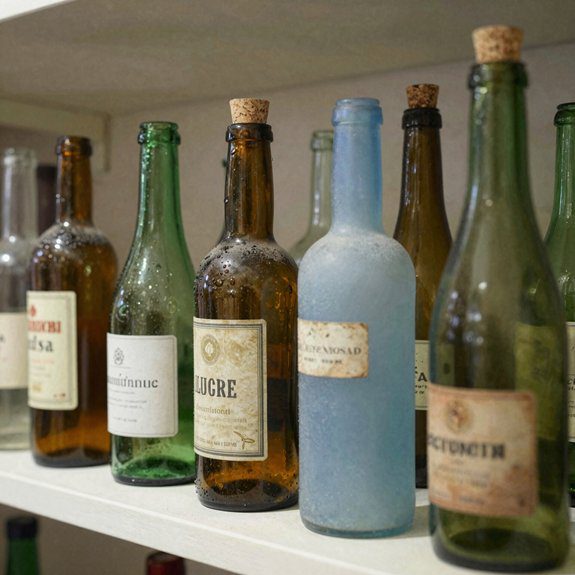 sorted colored bottles on open shelves