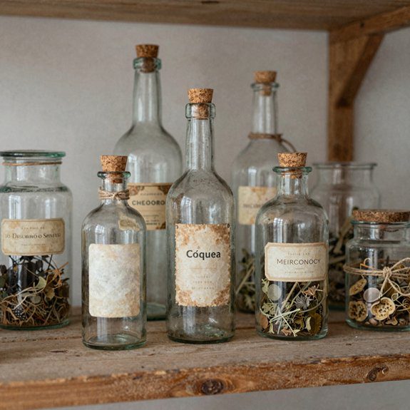 thrifted bottles labeled storage jars