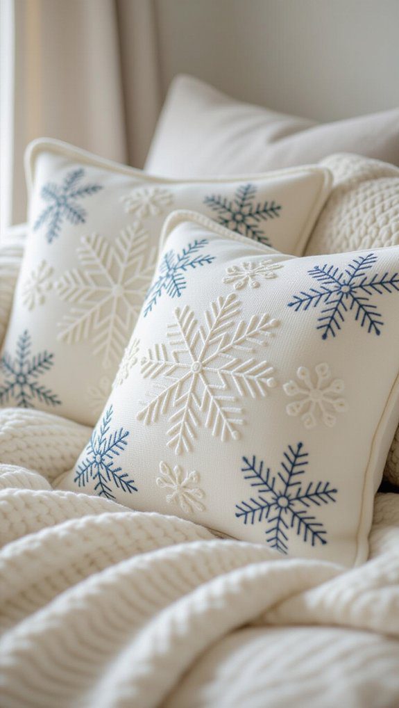 cozy embroidered winter pillows