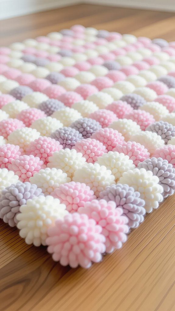 colorful yarn pom pom rug