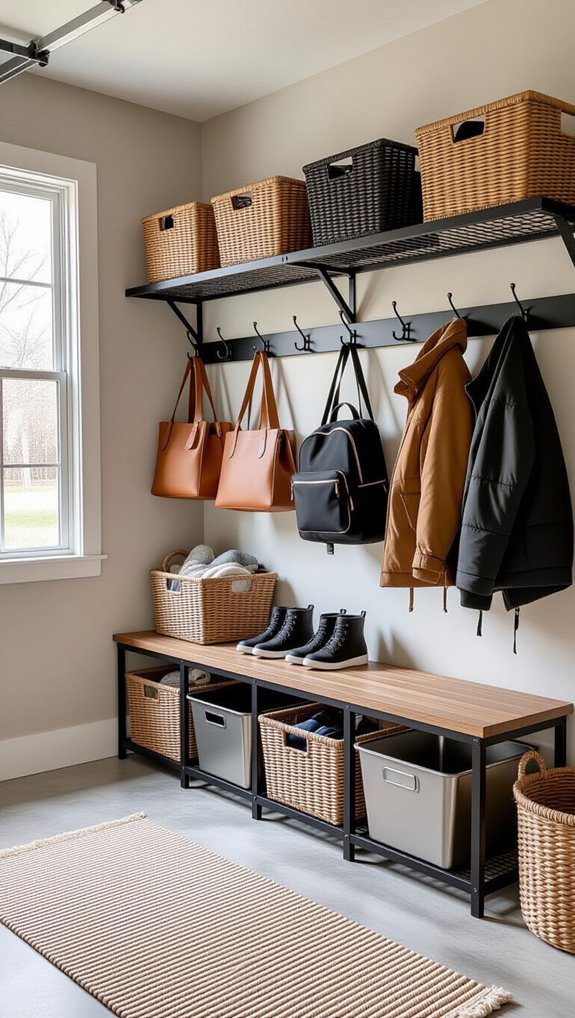 organized mudroom with shelving