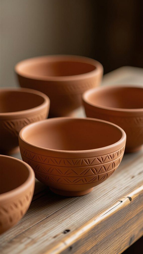 textured stamped clay bowls
