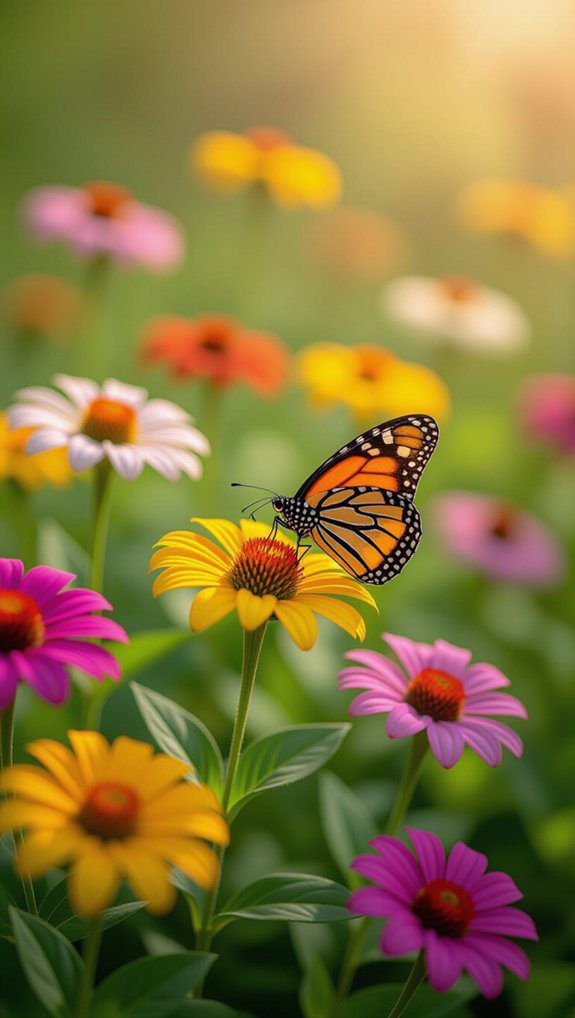 vibrant flowers and butterflies