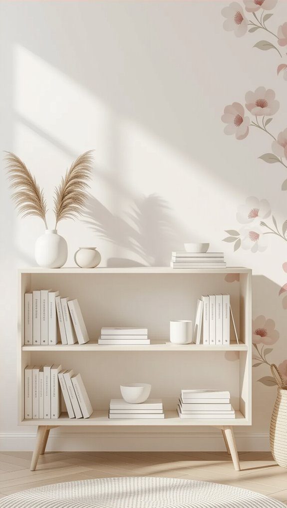 wallpapered bookshelf back panel