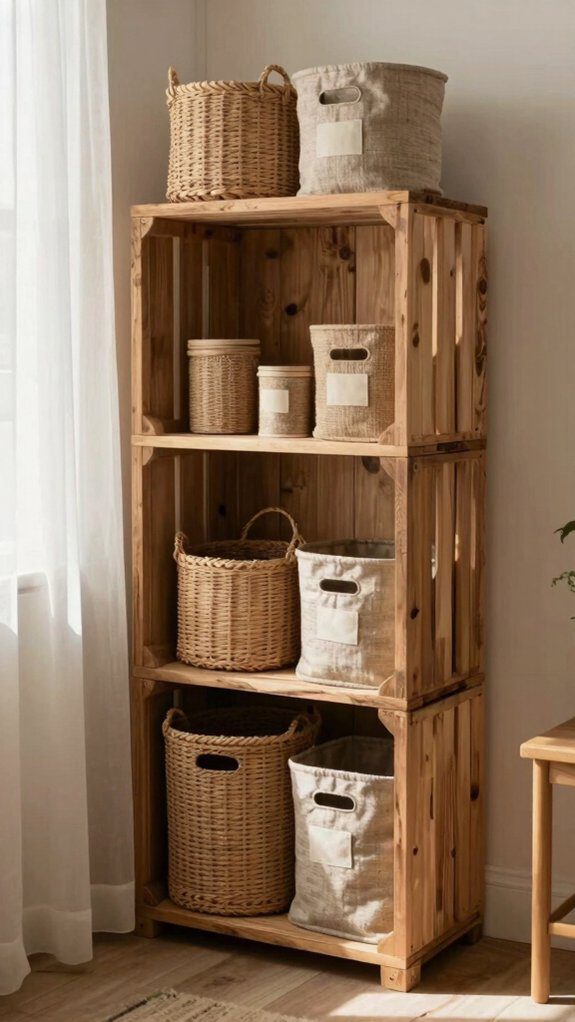 floating shelves plus under bed bins