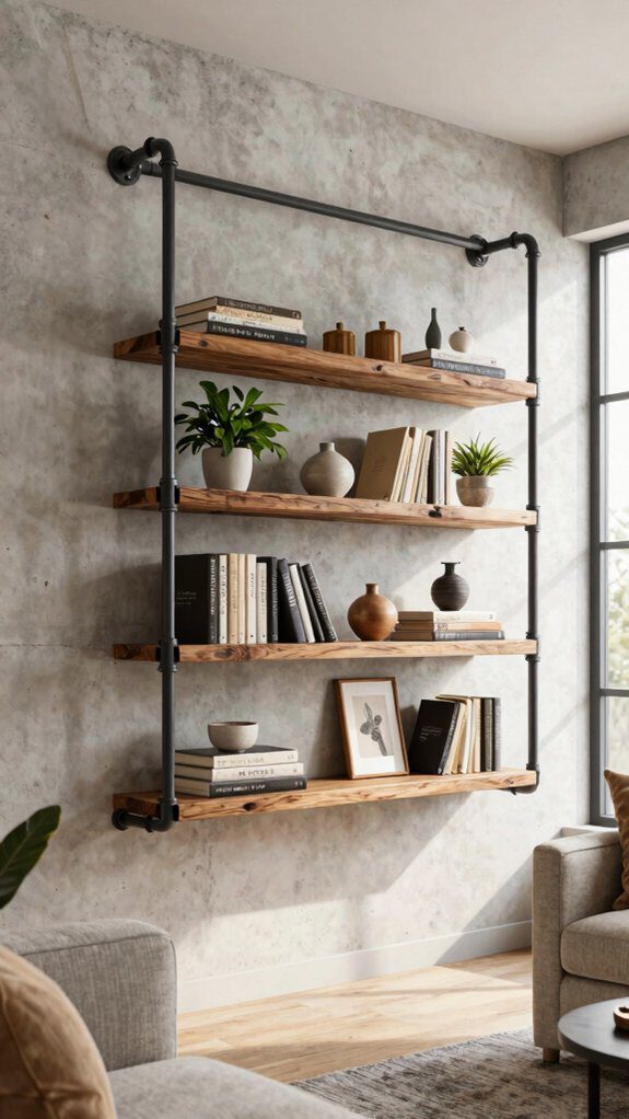industrial black pipe wooden shelving
