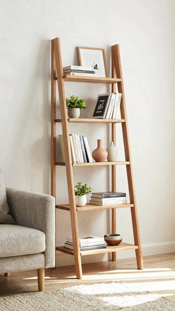 ladder style leaning bookshelf details