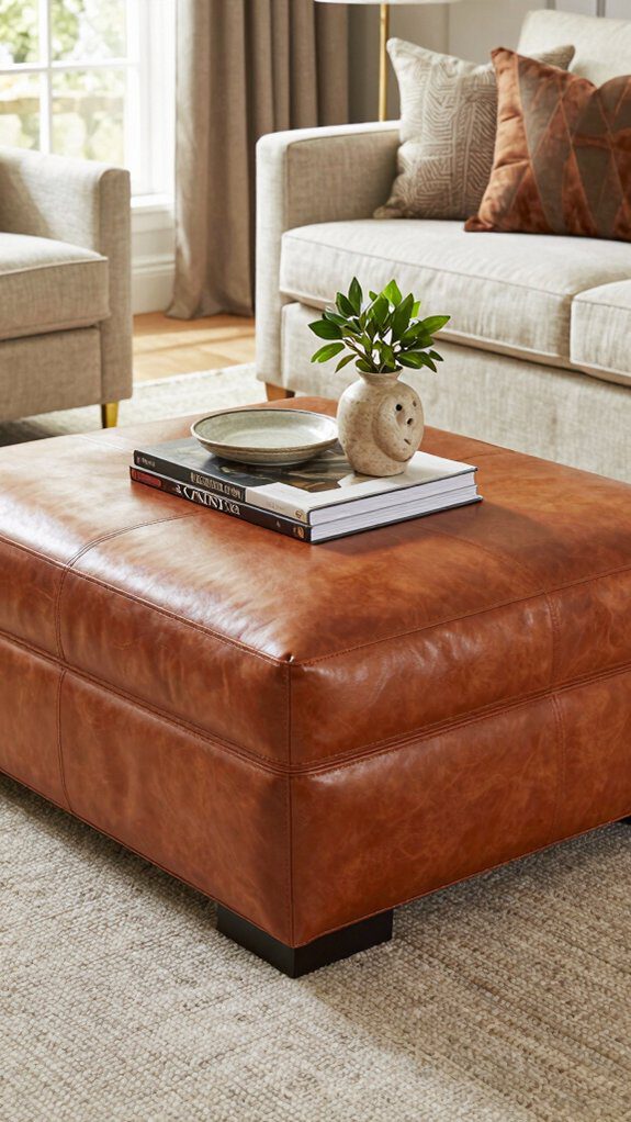 tufted cognac leather ottoman