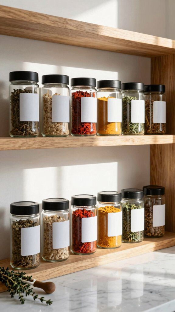uniform labeled glass spice jars