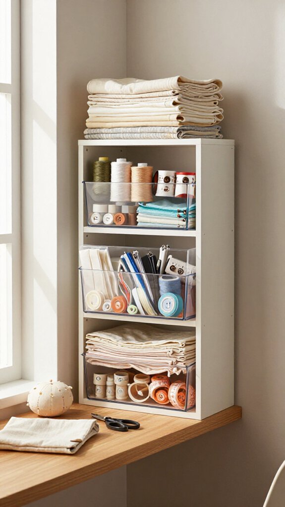 clear bins labeled sewing system