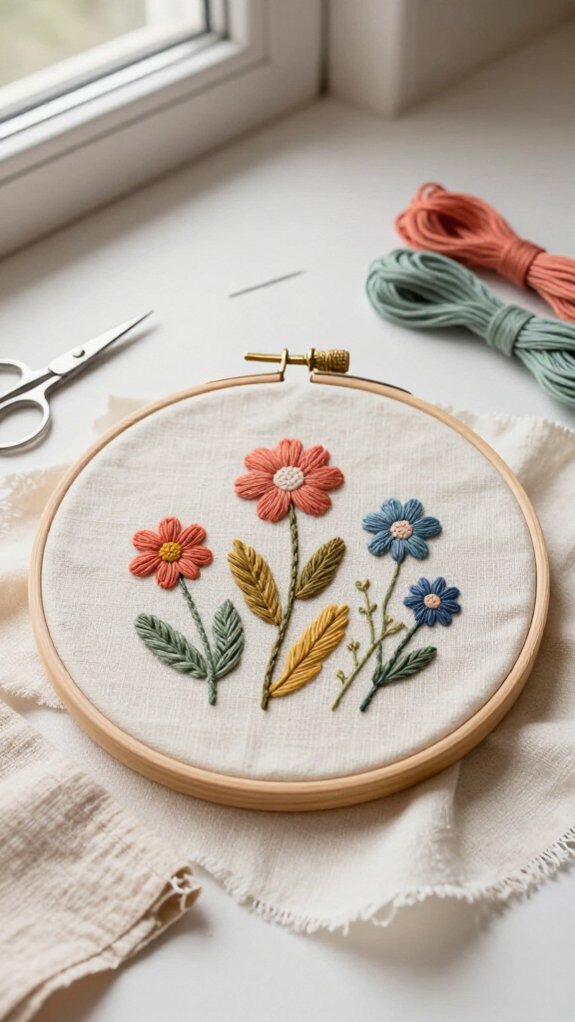 embroidered hoop with floral stitches
