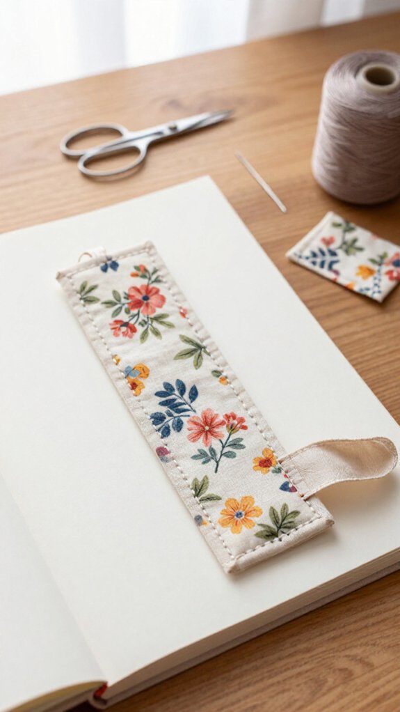 fabric scrap bookmark with ribbon loop