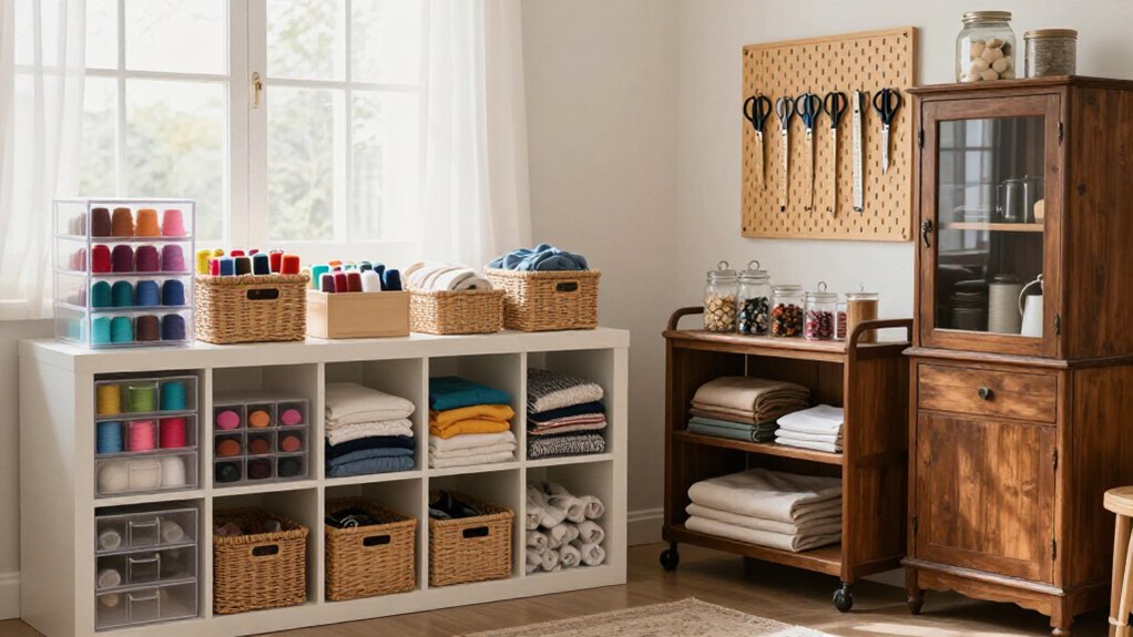 organized sewing room storage