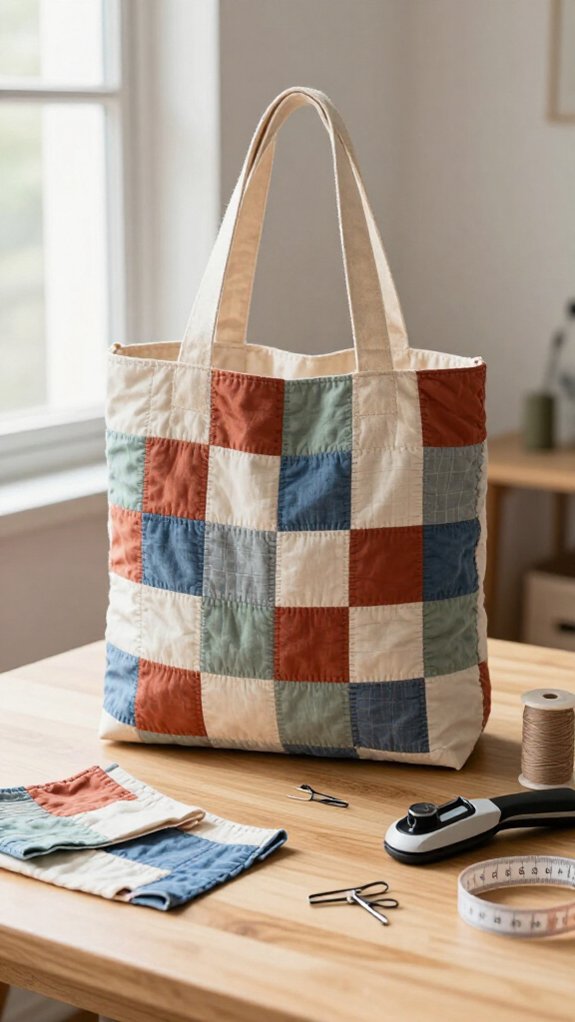 patchwork denim tote with pockets