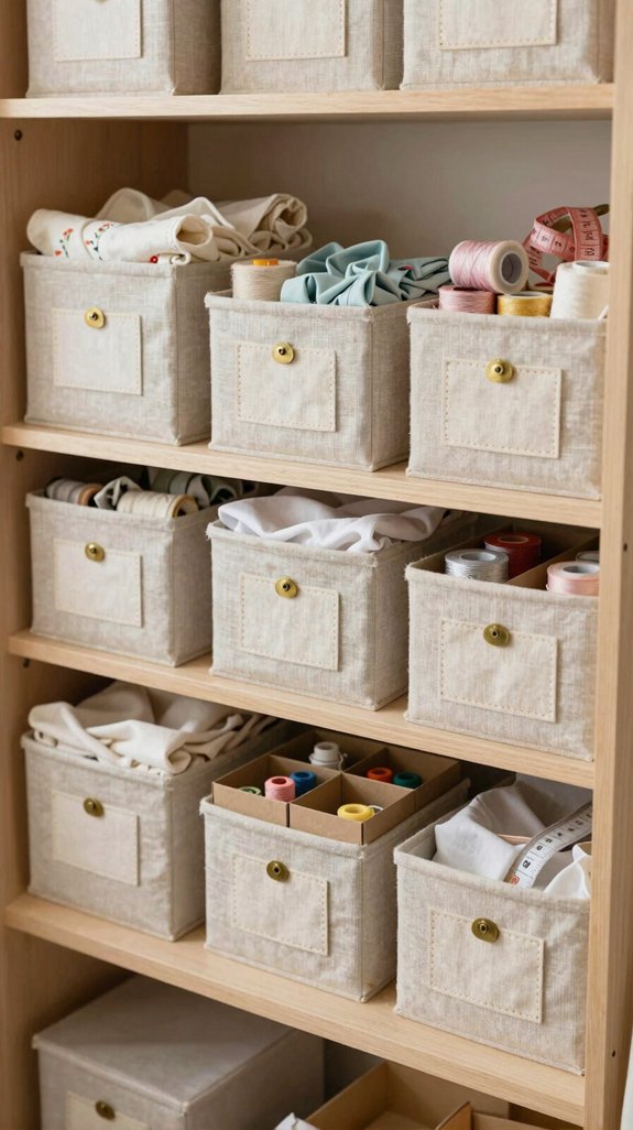 sewing room labeled storage boxes